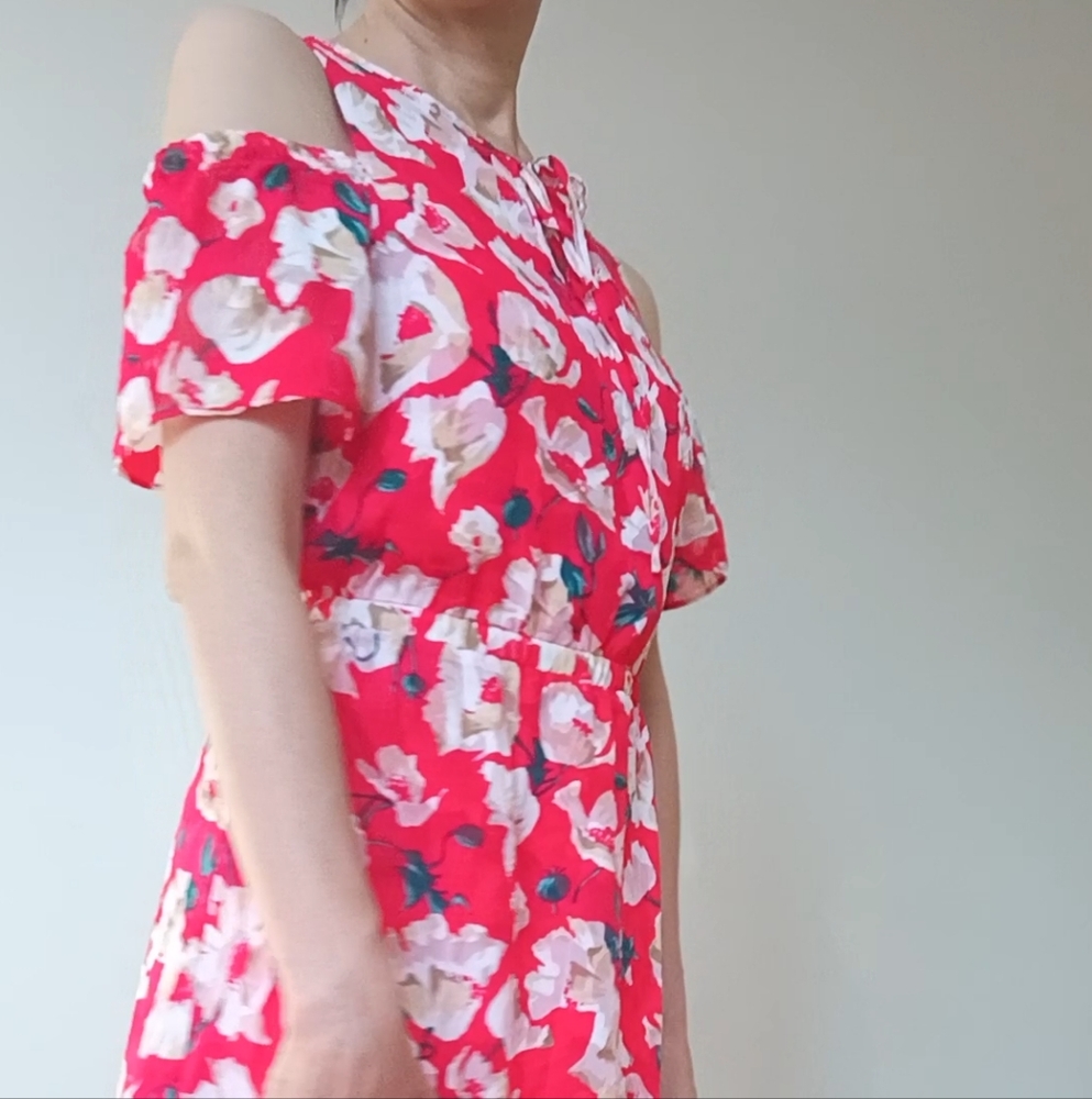 🪇2for$15 Ptp18" Cold Shoulder Short Sleeve Red Floral Long Dress - NWOT - Picture 2 of 9